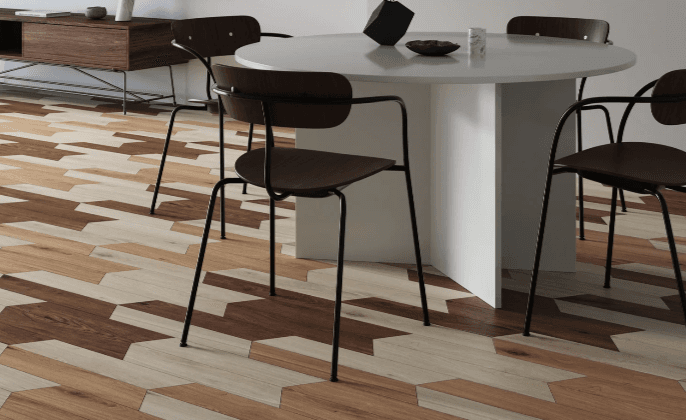 Shapes 4x24 Chiseled Porcelain Chevron Tile in Pearl A+B architectural surface detail