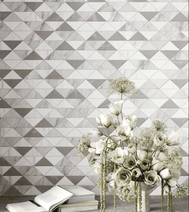 Shapes 11x13 Matte Porcelain Palace Triangle Mesh Mosaic Tile in White/Grey installation space