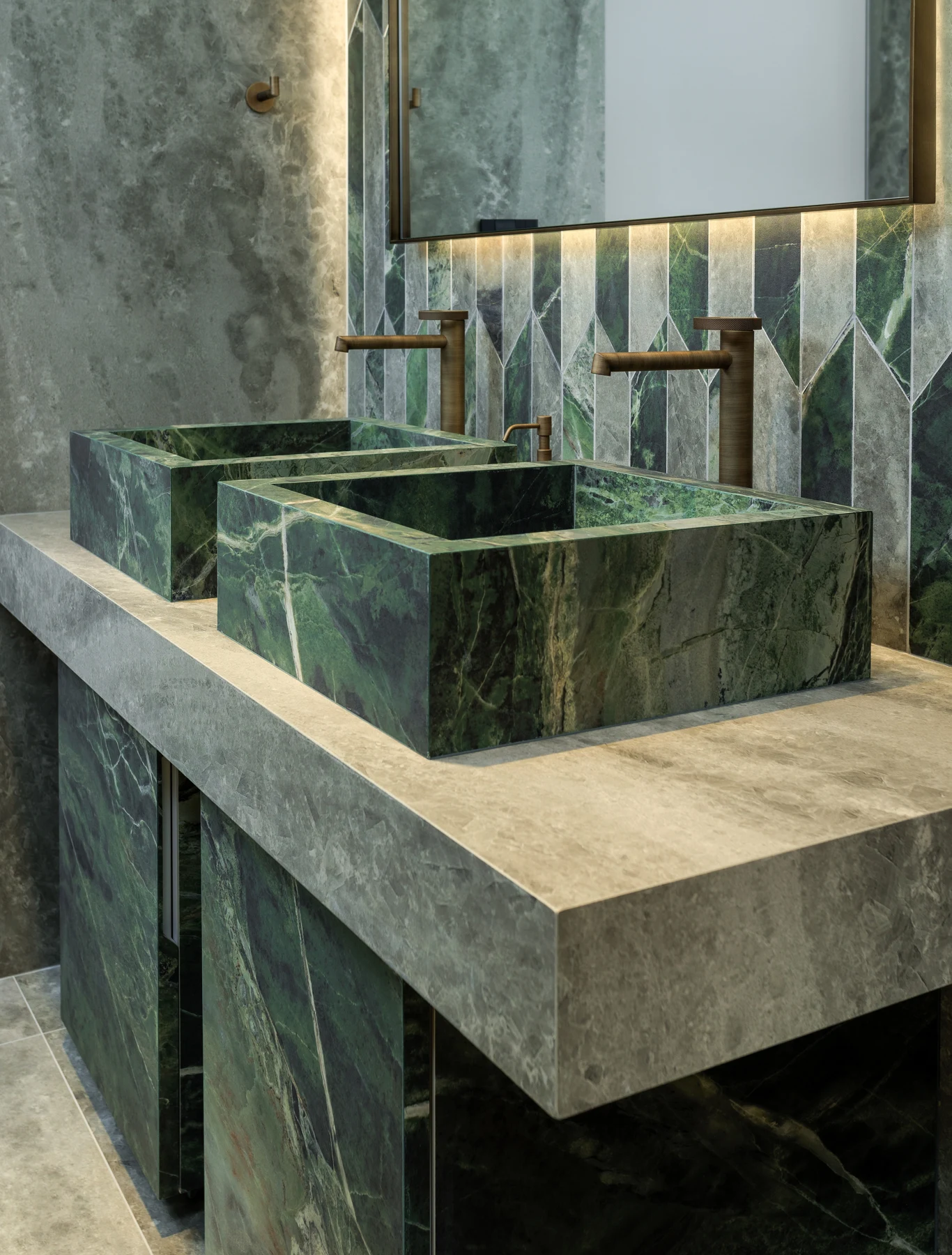 Green stone-effect bathroom furniture from the catalogue’s Verde Persia project