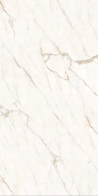 A porcelain replica of one of the most prestigious marbles, which features a white background enriched by dramatic veins in gold, amber and grey tones and combines the famed looks to the superior technical features of the highest quality porcelain.